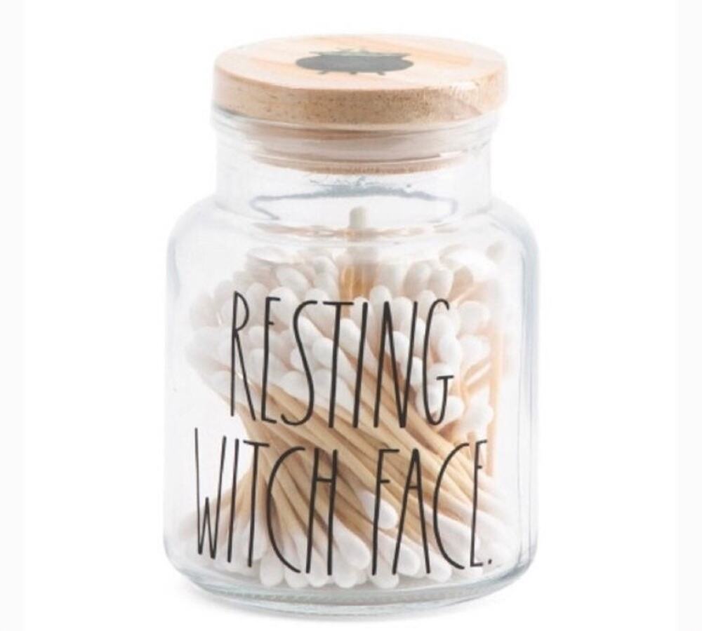 RAE DUNN Halloween Resting Witch Face Cauldron Glass Jar Wooden Lid Cotton Swabs